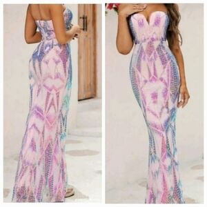 Purple Party Graphic Sequined Mermaid Maxi Gown